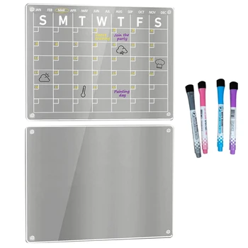 2 шт Прозрачная акриловая Белая доска с календарем сухого стирания для холодильника, 16X12 дюймов для холодильника с 4 маркерами