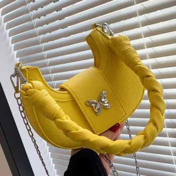 2023 INS Дизайнерские Роскошные Женские желтые сумки, плетение портативных ремней, сумки в виде полумесяца, простые седельные сумки на цепочке, сумки через плечо
