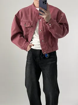 2023 Мужские короткие джинсовые куртки в корейском стиле со свободным воротником-стойкой, 4 цвета, модные ковбойские пальто, высококачественная верхняя одежда