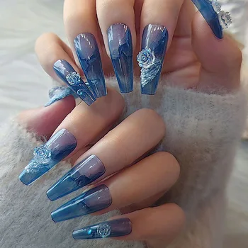 3D набор длинных накладных ногтей Aura Ice blue с цветком камелии, хрустальные французские накладки в виде гроба, накладные накладные ногти, принадлежности для наращивания