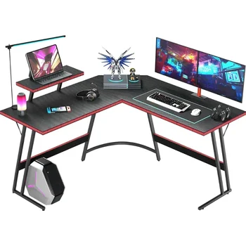 51-дюймовый компьютерный угловой стол с большой подставкой для монитора и поверхностью из углеродного волокна для домашнего офиса, кабинета, письменного рабочего места, черный