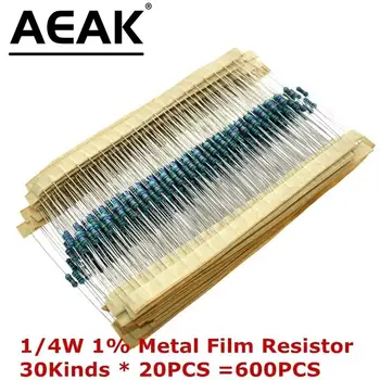 AEAK 600 шт. /компл. 1/4 Вт Сопротивление 1% 30 Видов Каждого Значения Металлический Пленочный Резистор Ассортимент Комплект резисторов