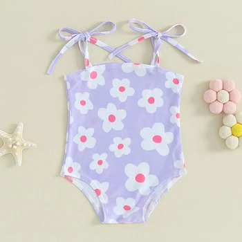 BeQeuewll Купальник для маленьких девочек без рукавов с квадратным вырезом и цветочным принтом, купальник на завязках, летняя пляжная одежда