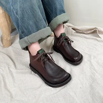 Birkuir/ Женские ботинки на толстой подошве из натуральной кожи, ботильоны на платформе со шнуровкой и квадратным носком, осенняя повседневная обувь класса люкс для шитья.