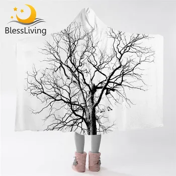 BlessLiving ветке дерева с капюшоном одеяло 3D печатных Шерпа флис с капюшоном одеяло сорное растение носимых одеяло природа плюшевые одеяло