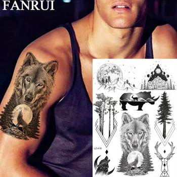 FANRUI Wolf Moon Forest Geomemtric Временные Татуировки Для Мужчин Наклейка Черные Поддельные Татуировки Лесной Лось Олень Художественная Татуировка На Руку На Заказ