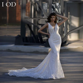 I OD 2023 Элегантное свадебное платье Русалка из тюля с блестками, без рукавов, с V-образным вырезом и пуговицами сзади, со шлейфом Vestidos De Novia