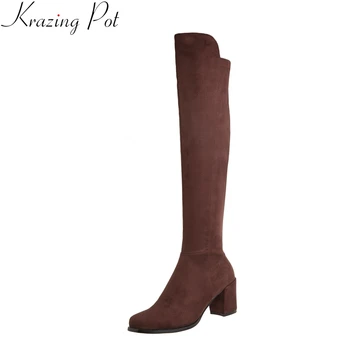 Krazing Pot/ 2023, длинные эластичные ботинки из флока с круглым носком, классическая зимняя обувь на молнии, Лаконичные однотонные элегантные сапоги выше колена.