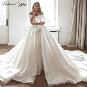 Lceland Poppy Элегантные женские атласные свадебные платья русалки с вырезом лодочкой 2023 Плиссированные свадебные платья со съемным шлейфом