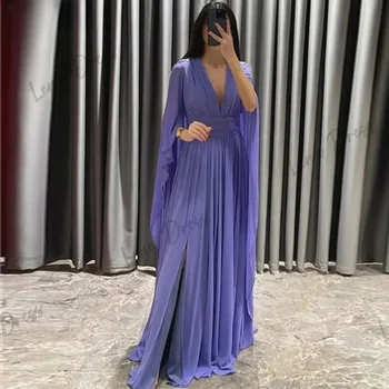 Lena-Элегантное фиолетовое вечернее платье трапециевидной формы с V-образным вырезом, шифоновое платье для выпускного вечера 2024, сложенное вечернее платье трапециевидной формы