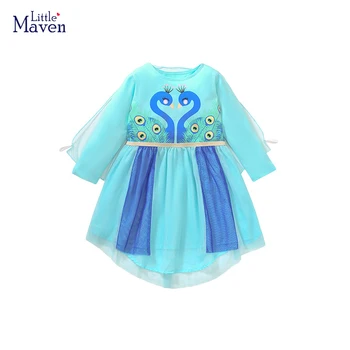 Little maven Одежда для маленьких девочек Детская одежда Хлопковое платье принцессы с рисунком Павлина из мультяшной сетки Весна Осень Для детей Подростков