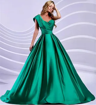 Long One Shoulder Green Evening Dresses With Pockets A-Line Satin Pleated Prom Dress Floor Length платье на выпускной платье
