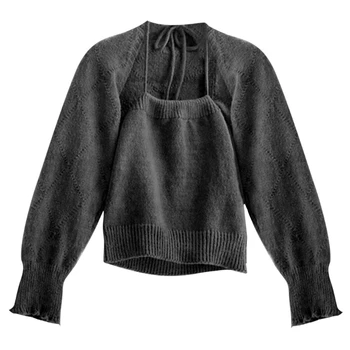 MXMA Женский весенне-осенний вязаный свитер из 2 предметов, кардиган и майка на бретелях в тон