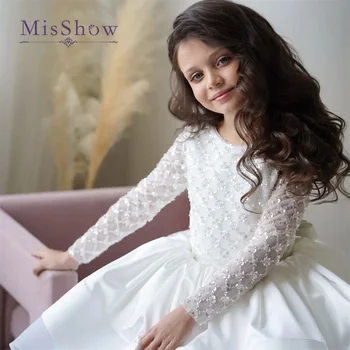 MisShow, белые платья с блестками для девочек в цветочек, Детское свадебное бальное платье с длинными рукавами, юбка-пачка для малышей, платья для принцессы на День рождения