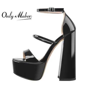 Onlymaker/ Женские летние босоножки из лакированной кожи, черные босоножки на платформе с ремешком на щиколотке, Повседневные туфли на высоком массивном каблуке, Мода больших размеров