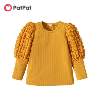 PatPat Для маленьких девочек, однотонная футболка в рубчик с длинными пышными рукавами, идеально подходящая для прогулок и повседневной носки, базовый стиль