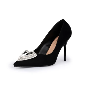 Perixir/ Женские черные туфли-лодочки из искусственной замши на высоком каблуке с блестящими стразами, с острым носком, на шпильке, модельная женская обувь