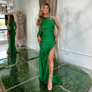 Qanz Роскошные Зеленые вечерние платья Русалки с высоким разрезом, кристаллы на одном рукаве, атласное вечернее платье для выпускного вечера, женское Vestidos Para Mujer