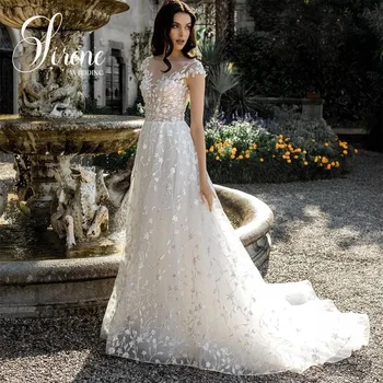 Sirene/ Свадебные платья с романтическим цветком Для женщин, свадебные платья с V-образным вырезом и короткими рукавами, кружевные аппликации, иллюзия спины, Vestidos De Novia