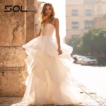 Sol Элегантное свадебное платье с аппликацией в виде сердца, цветы, иллюзия рукавов, Многоуровневые бальные платья со шлейфом сзади, Vestido De Novia