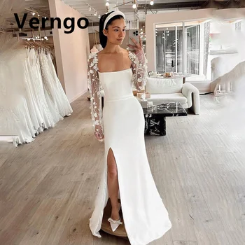 Verngo Аппликация С Длинными рукавами, Атласное Свадебное платье с разрезом сбоку в виде Русалки, Свадебное платье с Квадратным воротником, Элегантное платье Невесты