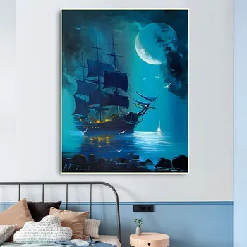 Абстрактный Синий океан Лодка Холст Украшение Холст Луна Плакат современного искусства Современный стиль Спальня Домашняя стена Гостиная Фреска