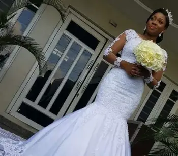 Африканские Женщины Приглашают Гостей В Белое Кружевное Свадебное платье в Рыбьем стиле С Длинным рукавом, Сшитое на Заказ
