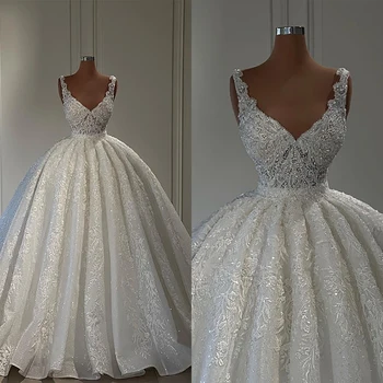 Блестящее свадебное платье на бретельках с V-образным вырезом, свадебные бальные платья без рукавов, сшитое на заказ Vestido De Novia