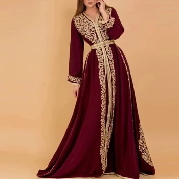 Бордовый Марокканский кафтан, Мусульманские вечерние платья трапециевидной формы с V-образным вырезом и длинным рукавом, аппликация Дубай, Арабское турецкое исламское платье Абайя
