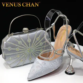 Венера Чан Модный Тренд Серебряный Горный Хрусталь Цветочный Дизайн Острый Носок На Высоком Каблуке Элегантный Комплект Обуви и Сумки для Нигерийской Вечеринки 2023