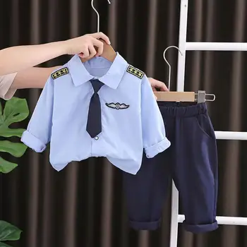 Весенне-осенний темно-синий комплект для мальчиков 2023 года, Новый красивый детский темно-синий комплект с длинными рукавами, корейские брюки для девочек, детские комплекты