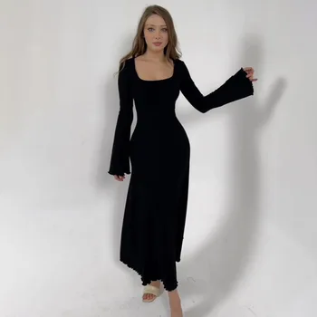 Вечерние осенние длинные серо-черные платья с расклешенными рукавами, новое модное элегантное базовое платье трапециевидной формы с квадратным вырезом, женское базовое платье Basicos