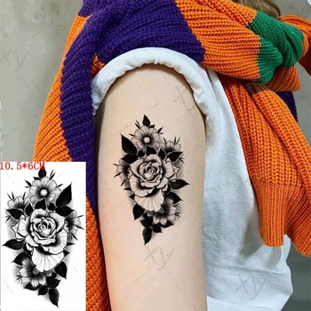 Водонепроницаемая временная татуировка Наклейка Листья Черной Розы Дизайн цветов Поддельные татуировки Флэш-тату Рука Грудь Боди-арт для женщин и девочек