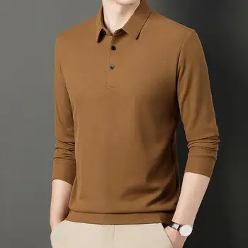 Вырез на пуговицах, однотонная мужская рубашка с длинным рукавом, осенний облегающий офисный пуловер с лацканами, топ