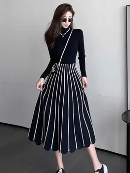 Высококачественное Корейское модное повседневное вязаное платье-свитер для женщин, осень-зима, приталенное длинное платье с приталенным низом, Винтажный халат Femme