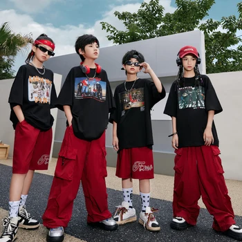 Детская уличная одежда большого размера, футболки с винтажным принтом, брюки-карго в стиле хип-хоп для девочек и мальчиков, одежда для джазовых танцев.