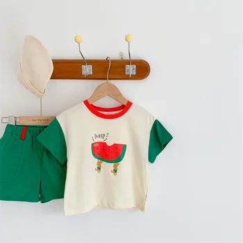 Детский костюм с фруктовым принтом 2023, Летний Новый модный костюм для мальчиков, Футболка с короткими рукавами + Шорты, костюм-двойка для девочек 2-7 лет