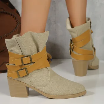 Дизайнерская женская обувь с пряжкой для ремня, Новинка 2023 года, Зимние Повседневные женские ботинки, Удобные Полусапожки на среднем каблуке, Женские Zapatos De Mujer