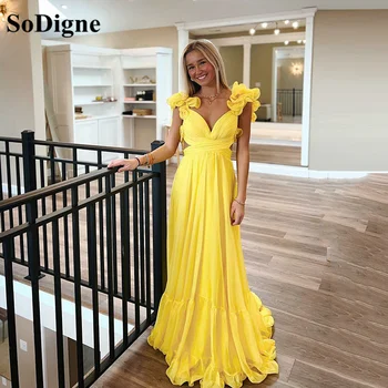 Желтые платья для выпускного вечера трапециевидной формы от SoDigne, многоуровневые вечерние платья из мягкого тюля, сексуальное платье для особых случаев с V-образным вырезом и открытой спиной, большие размеры