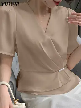 Женская Летняя элегантная атласная блузка VONDA 2023, Сексуальные рубашки в стиле OL с V-образным вырезом, Повседневные Однотонные Шелковые Туники, Топы, Модные Блузы