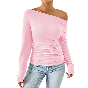 Женская Однотонная футболка С открытыми плечами, Присборенный топ с длинными рукавами И открытой спиной, Новая Уличная одежда в Обычном стиле 2024 года