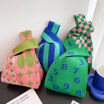 Женская вязаная сумочка ручной работы, мини-сумка на запястье с узлом, женская повседневная цветная сумка в широкую полоску, студенческая многоразовая сумка для покупок