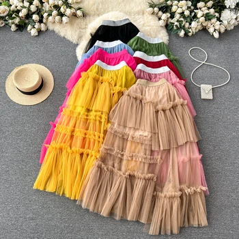 Женская шикарная сетчатая плиссированная Асимметричная многоуровневая юбка с высокой талией, элегантная Корейская модная юбка-трапеция, повседневная летняя одежда