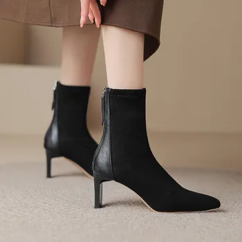 Женские ботинки на высоком каблуке в новом корейском стиле, осенне-зимние эластичные сапоги на среднем каблуке с острым носком, женские ботинки с носком