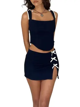 Женские летние наряды из 2 предметов, укороченные топы без рукавов с квадратным вырезом, облегающая мини-юбка с разрезом, комплект для пляжной вечеринки