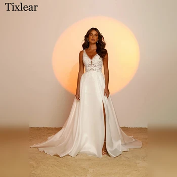 Женские свадебные платья TIXLEAR, классический V-образный вырез, без рукавов, разрез спереди, кружево, открытая спина, шлейф, винтажное Vestidos De Novia