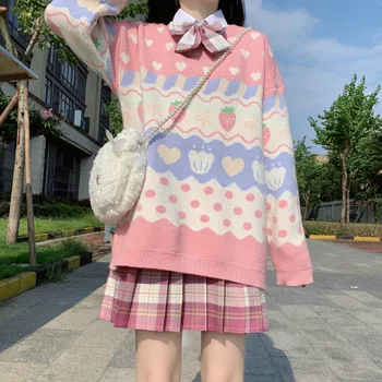 Женские свитера, японский Каваи Улззанг, винтажный клубничный ленивый Ins, Свободный свитер, женская Корейская одежда в стиле харадзюку для женщин