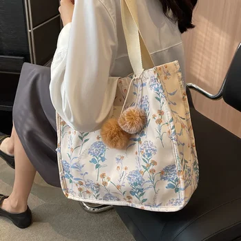 Женские сумки через плечо с цветочным принтом 2023, модные сумки для покупок, большая вместительная сумка для студенток, холщовая сумка-книжка с подвеской