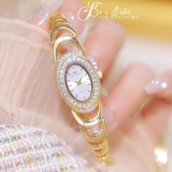 Женские часы BS класса люкс высокого качества 2023 Модные женские часы с золотым бриллиантовым овальным маленьким циферблатом, кварцевые часы-браслет, женские часы