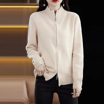 Женский кардиган RONGYI из высококачественной 100% шерсти, стоячий воротник, двусторонняя молния, кашемировый свитер, осенне-зимняя куртка